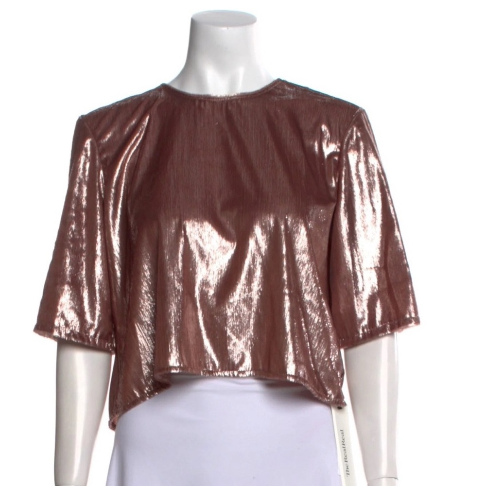 Michelle Mason Elegant Bateau Neckline Short Sleeve Crop Top Shimmering Blouse